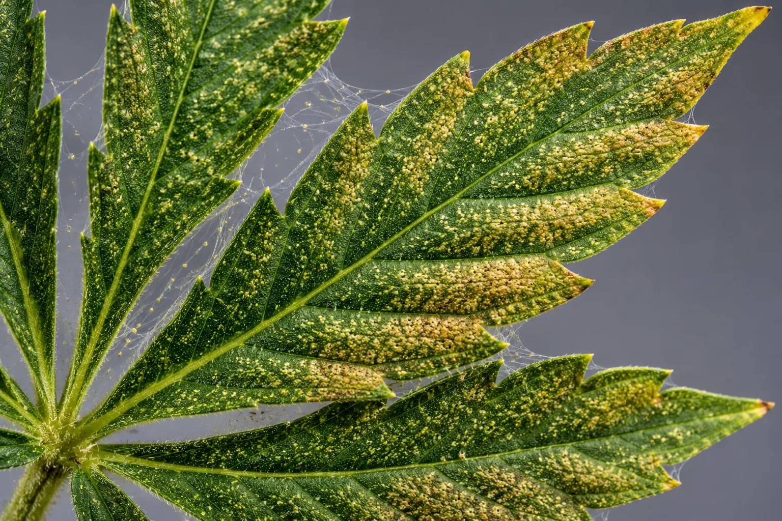 Cannabis fan leaf with stippling merged into bronzed yellow patches and the first wisps of fine silk webbing strung between the leaflets.