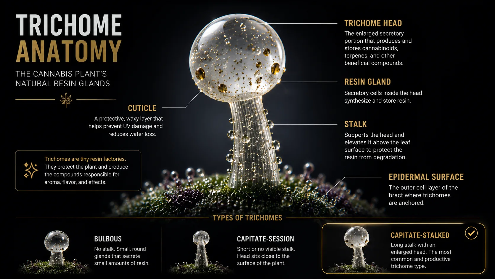 Labeled diagram of cannabis trichome anatomy: trichome head, resin gland, stalk, cuticle, and epidermal surface, with the three trichome types - bulbous, capitate-sessile, and capitate-stalked.