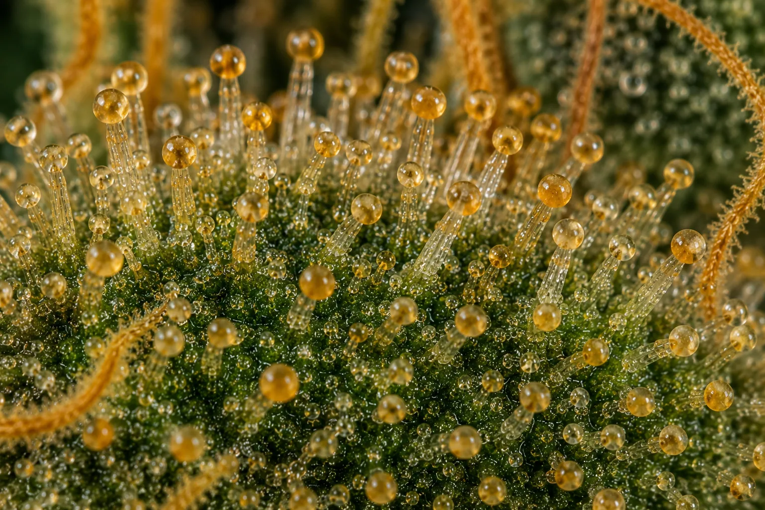 Macro photograph of amber, golden-brown cannabis trichome heads - a later, more sedative harvest stage.