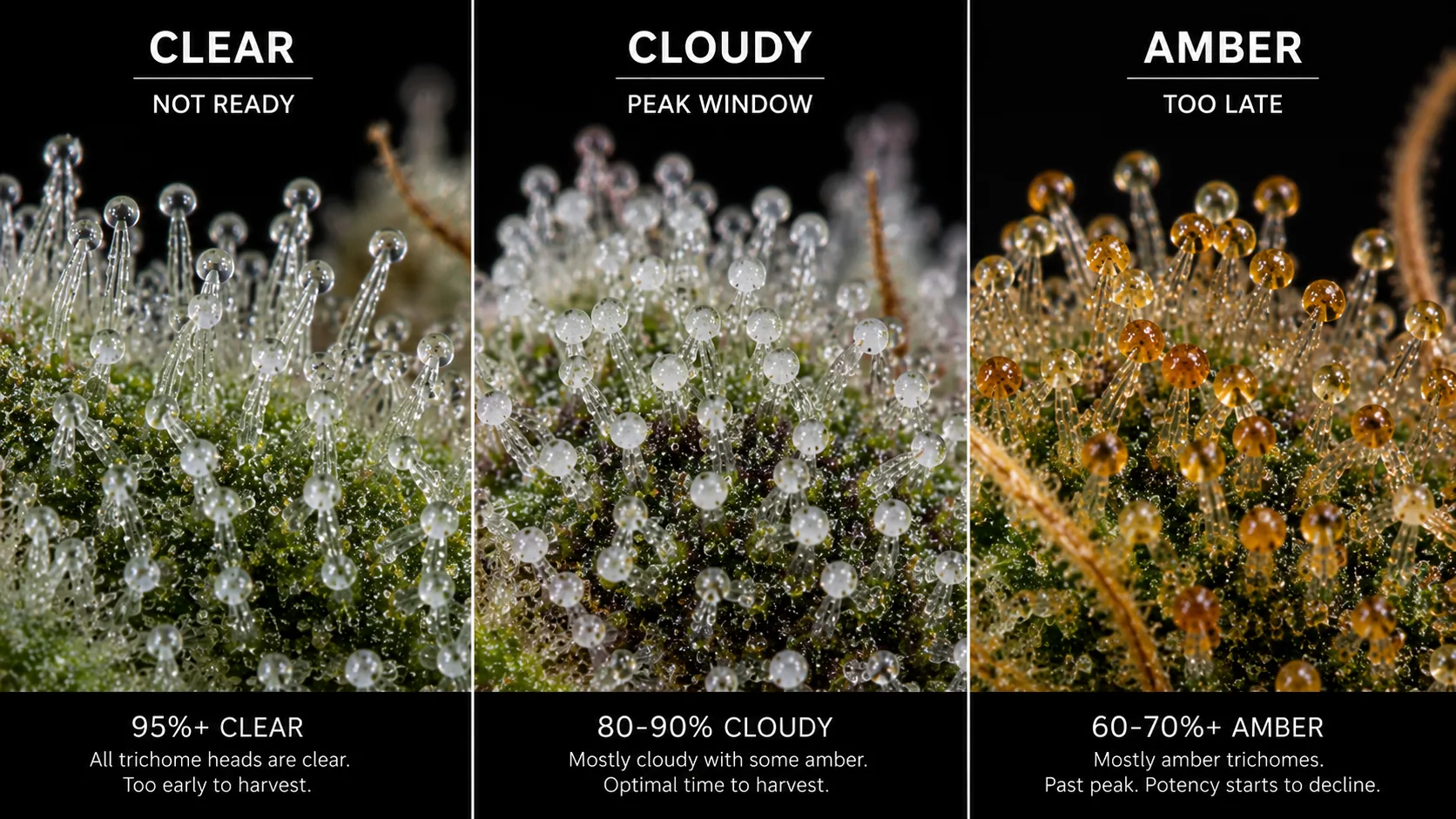 Labeled comparison board of clear, cloudy, and amber cannabis trichomes with harvest readiness percentages: 95 percent clear is not ready, 80 to 90 percent cloudy is the peak window, and 60 to 70 percent amber is past peak.
