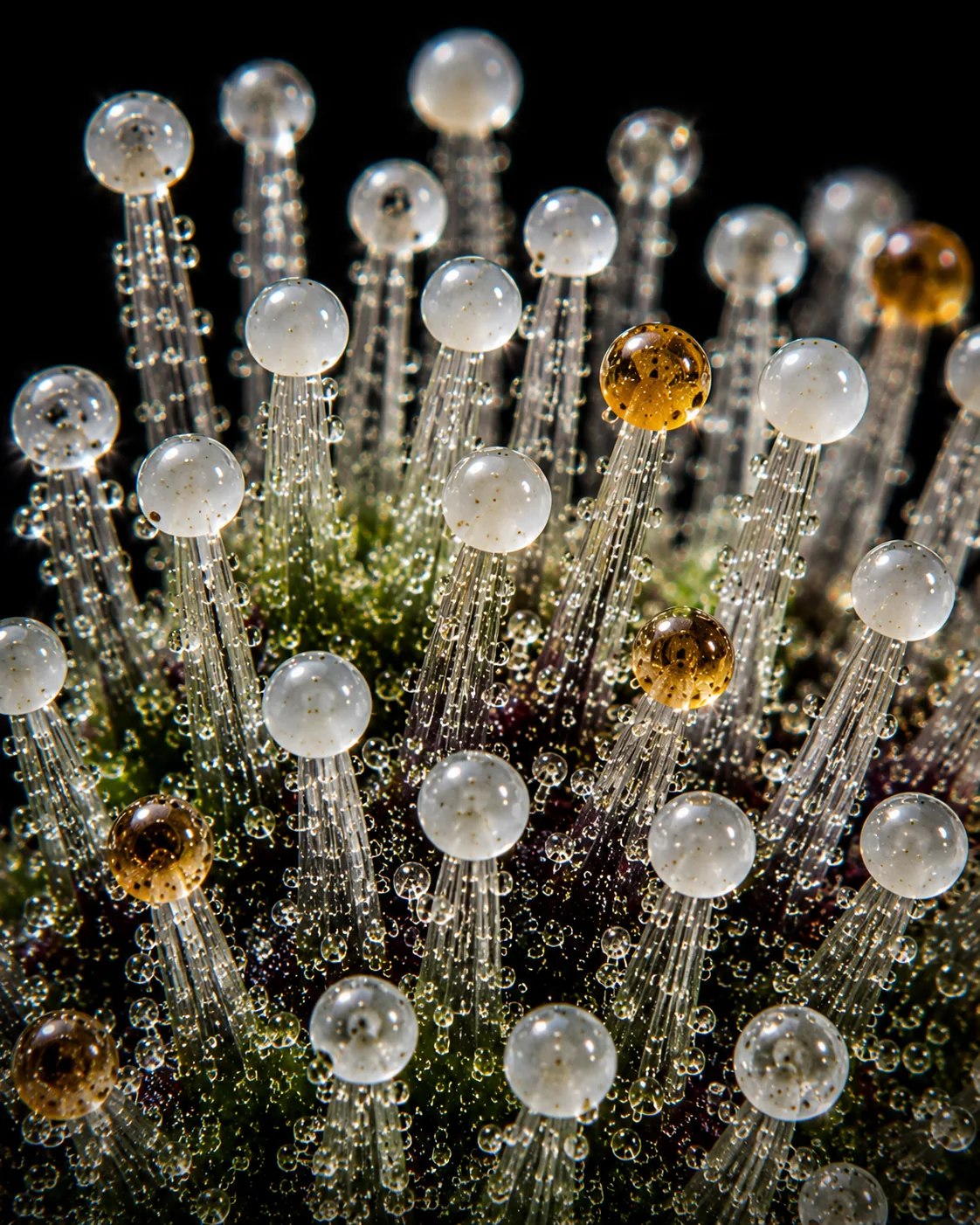 Vertical macro photograph of cannabis capitate-stalked trichomes, showing round resin heads on clear stalks with a few turning amber.