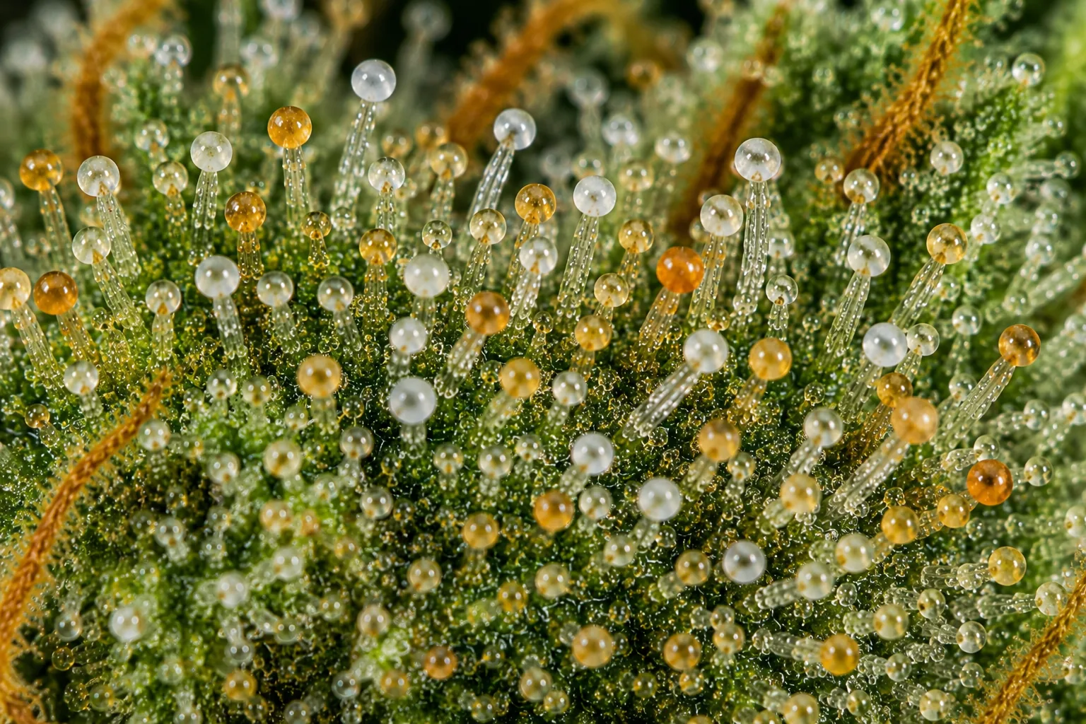 Macro photograph of a ready cannabis bud with mixed cloudy-white and amber trichome heads - the balanced full-spectrum harvest window where amber begins.