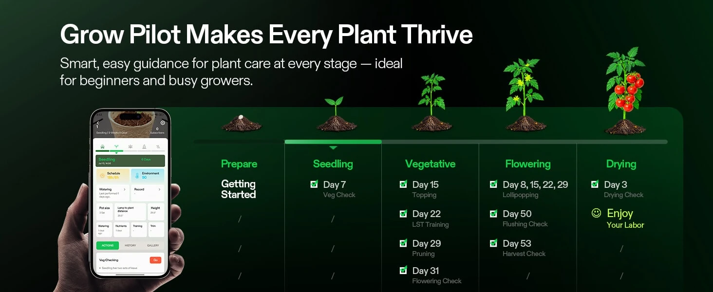 VIVOSUN Grow Pilot app on a phone beside a stage timeline running from seedling through flowering to a drying stage
