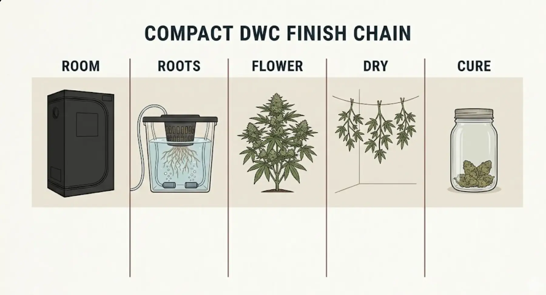 Process panel showing a compact DWC finish chain from room to roots, flower, drying, and cure.