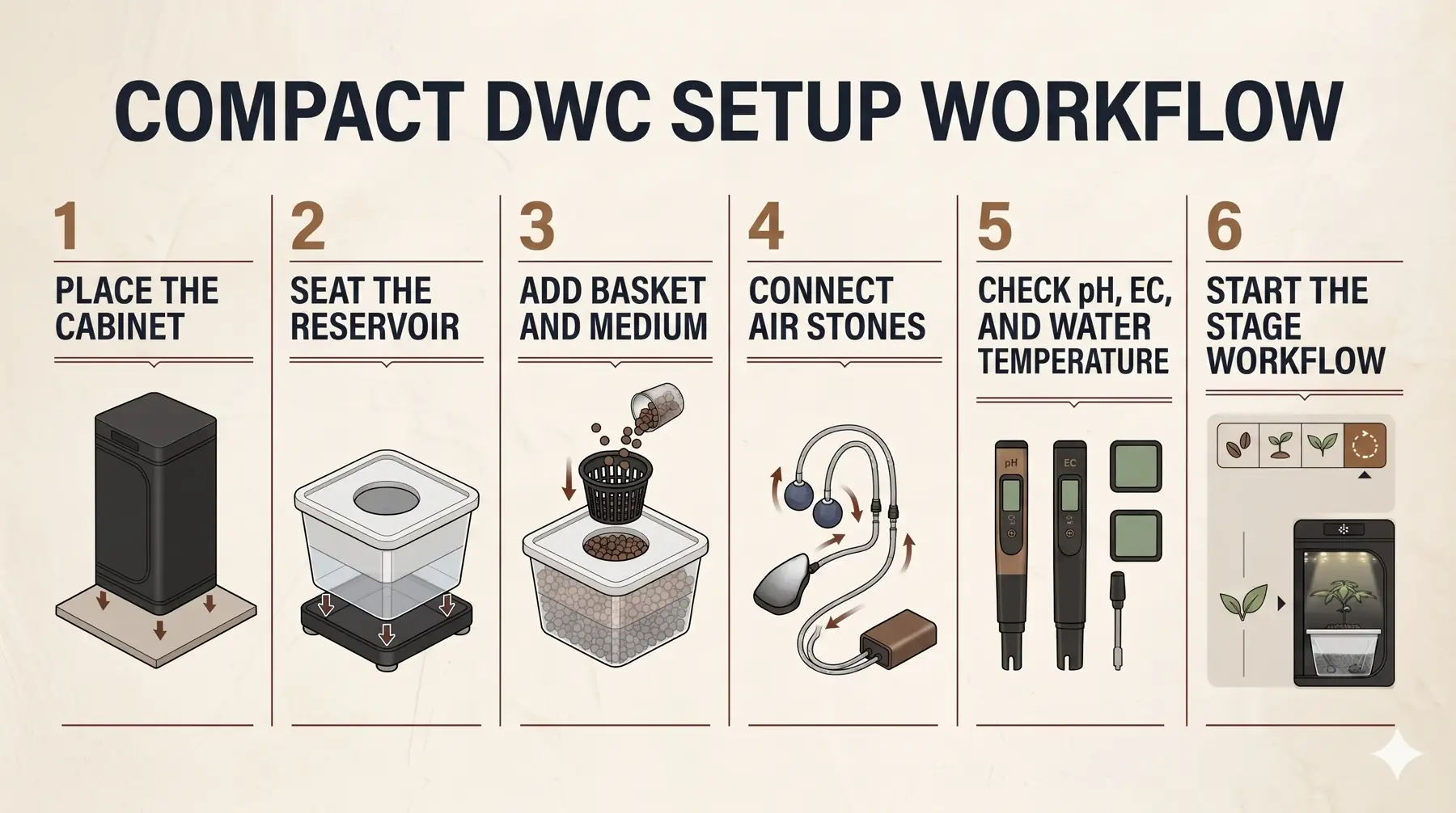 Field guide setup board showing six compact DWC workflow steps from placing the cabinet to starting the stage workflow.
