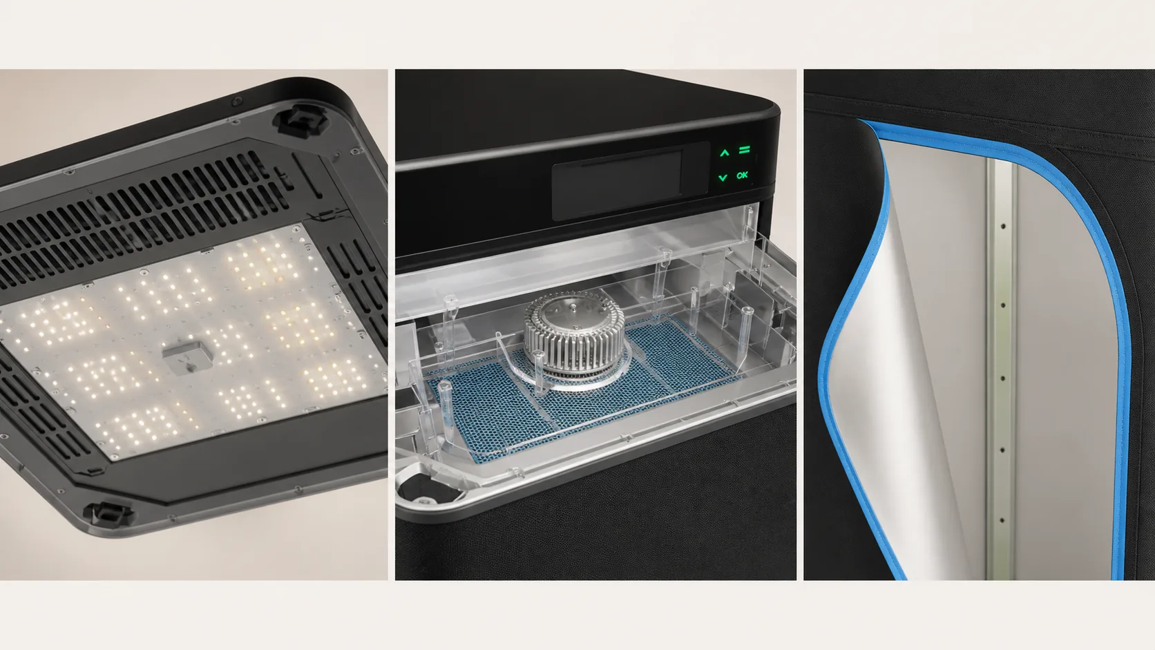 Three close-up views of the parts that shape the grow: the single overhead LED bar lit white, the upper air-management compartment above the box, and the fabric observation-window edge.