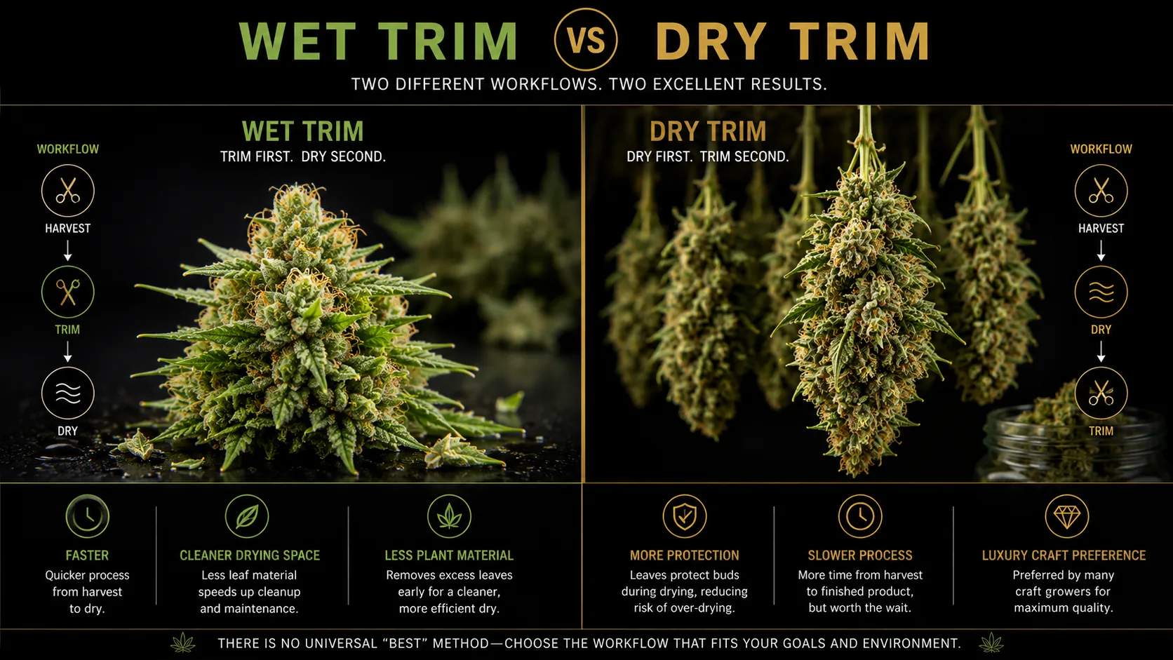 Comparison of wet trim and dry trim cannabis workflows: wet trim is faster with a cleaner drying space and less plant material, while dry trim offers more bud protection, a slower process, and is preferred by many craft growers.