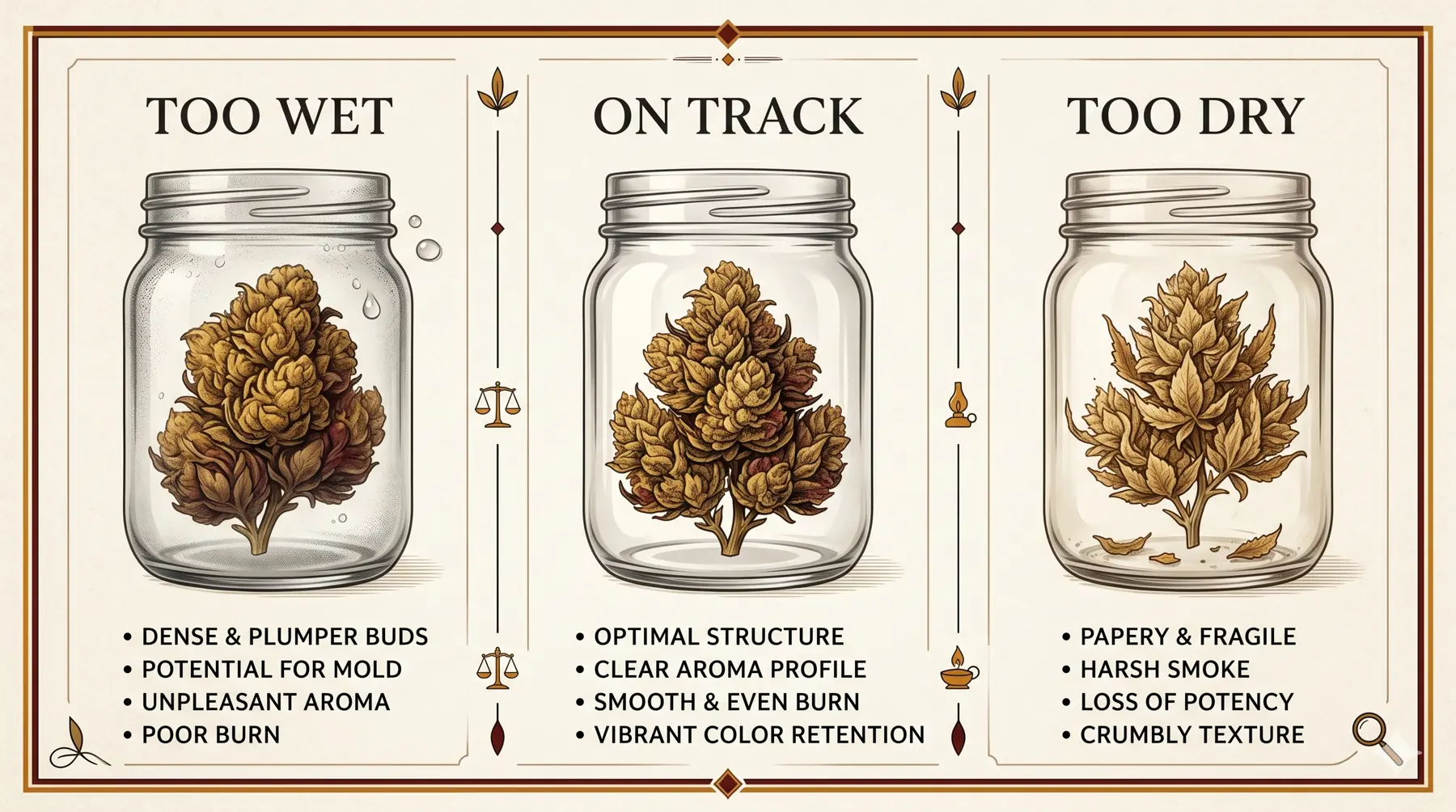 Curing state board comparing too wet, on track, and too dry jars.