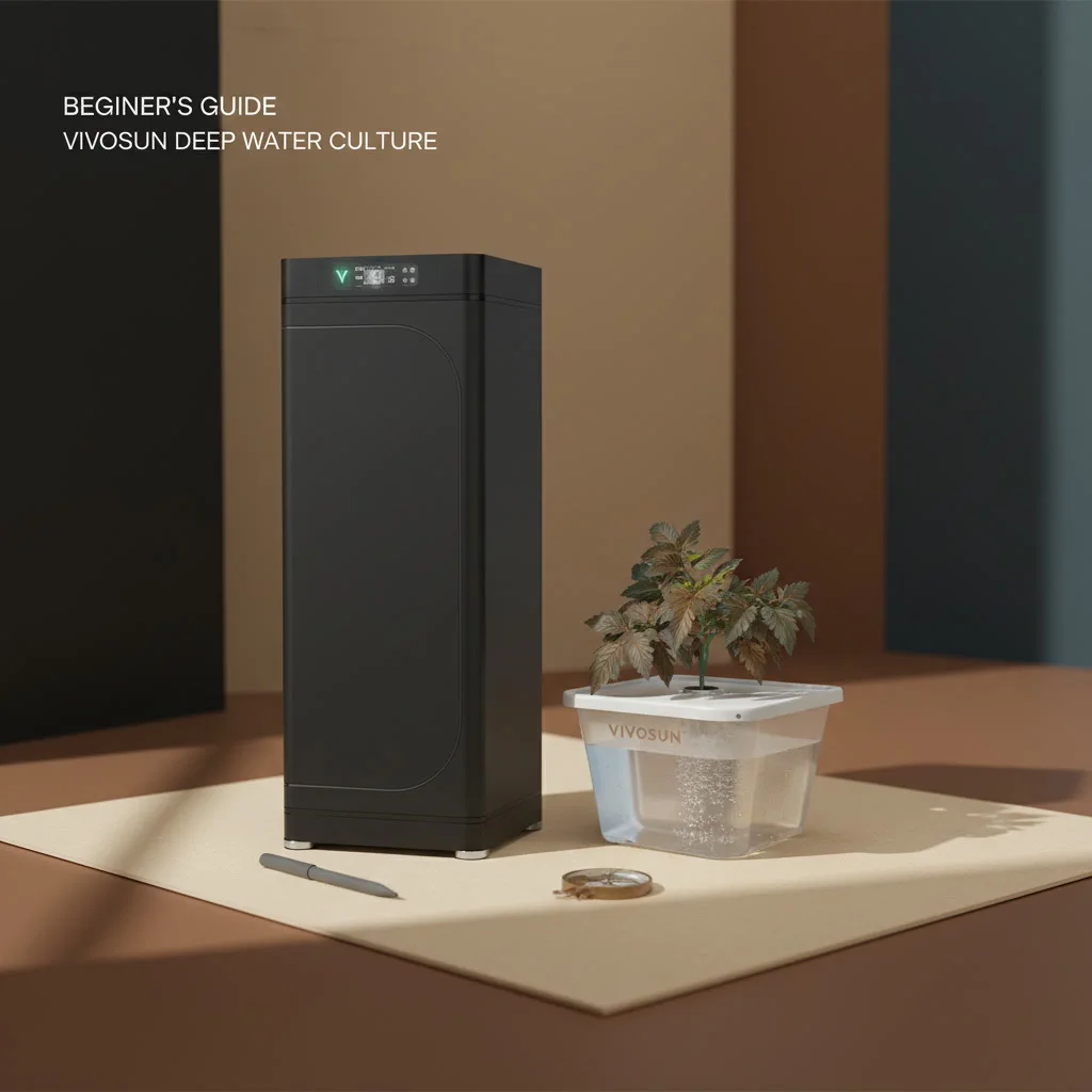 Compact DWC grow setup with a clean reservoir, measurement tools, and a readable cabinet workflow for small-space cannabis cultivation.