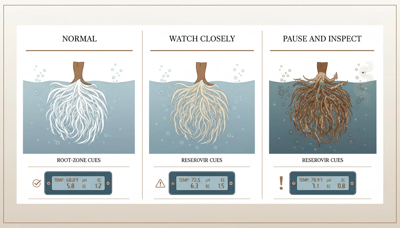 Three-state DWC board showing normal reservoir behavior, patterns to monitor, and signs that call for inspection in a compact grow.