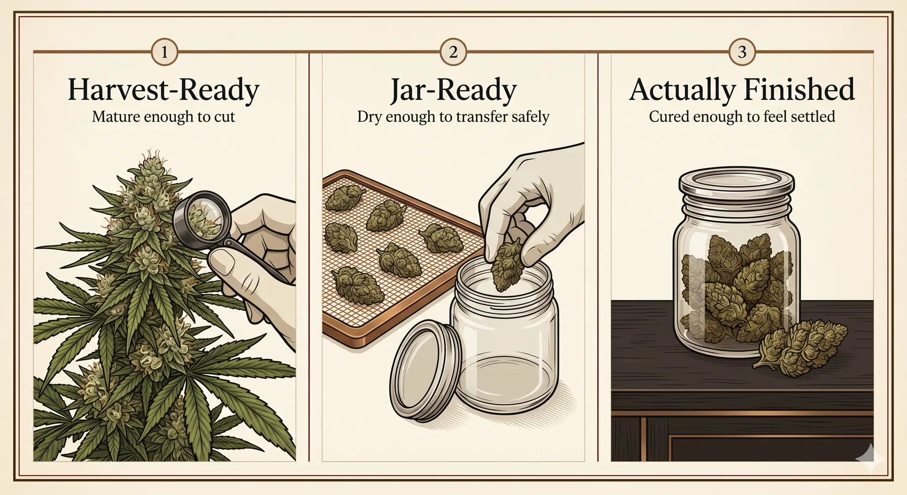 Educational finishing timeline showing how method choice affects the path from compact flower structure through harvest timing, drying, and cure.