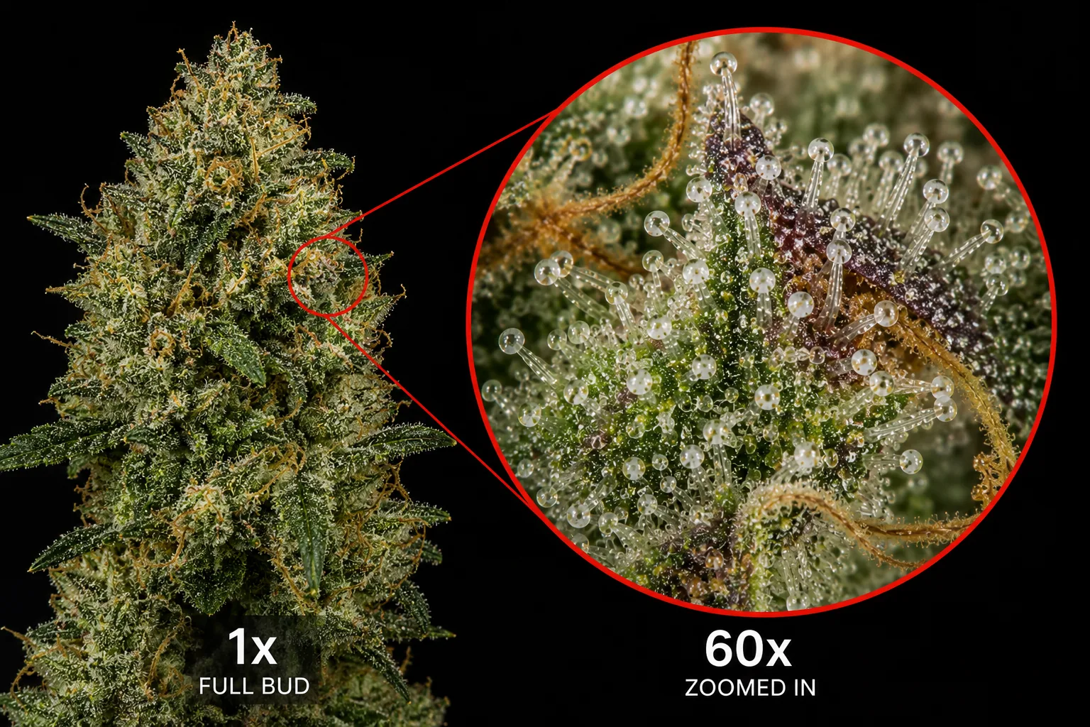 Guide showing where to check cannabis trichomes: a full bud at 1x with a circled inspection spot zoomed to 60x to read the resin heads on the calyx.
