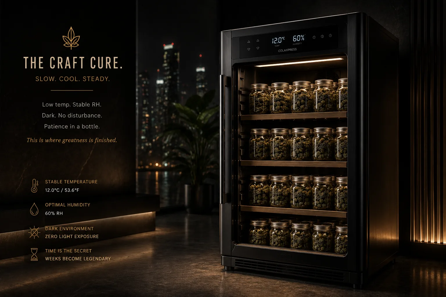 The ColaXpress craft cure: a wine cooler filled with cannabis curing in glass jars at a stable cool temperature, low humidity, and zero light.