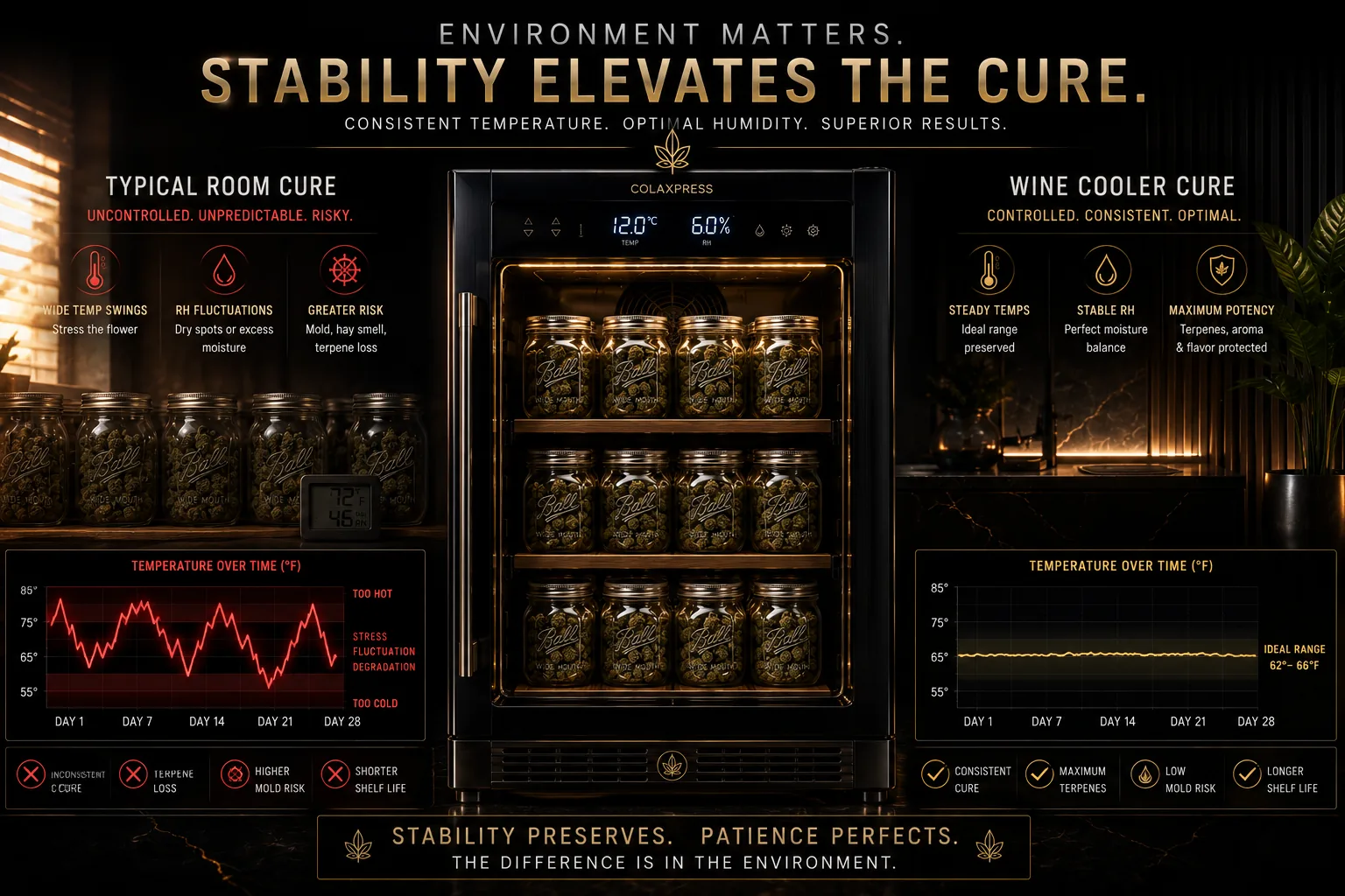 Comparison board: an uncontrolled room cure with swinging temperature versus a wine-cooler cure holding a steady temperature and humidity for the cure.